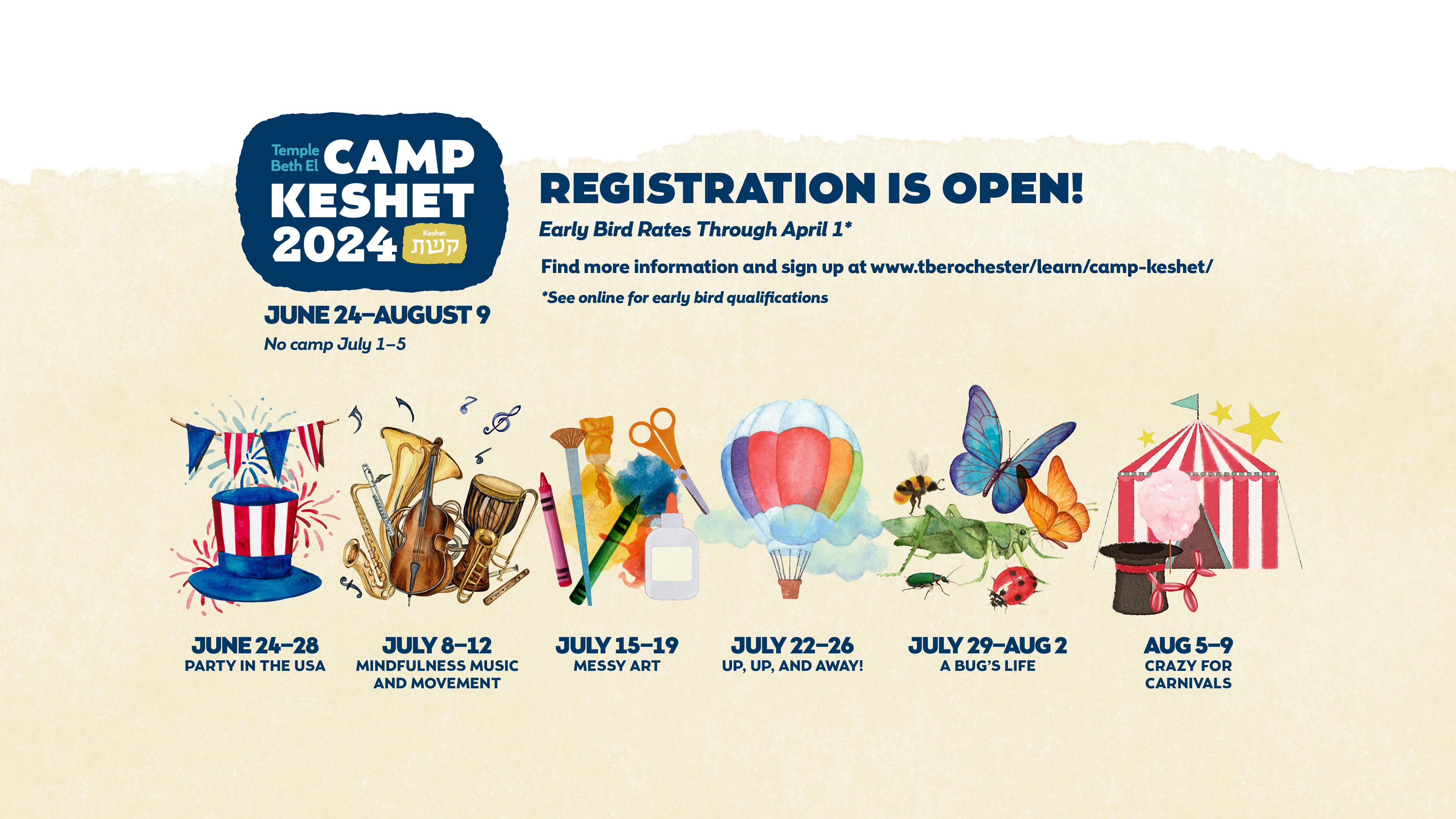 Dates for Camp Keshet 2024, including themes.